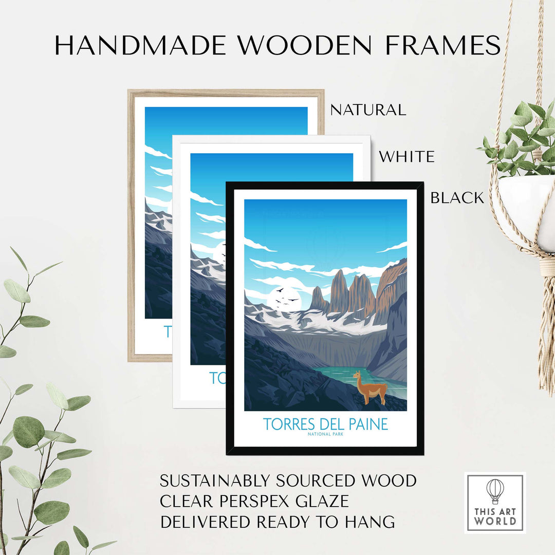 Handmade wooden frames for Torres del Paine Chile poster in natural, white, and black finishes.