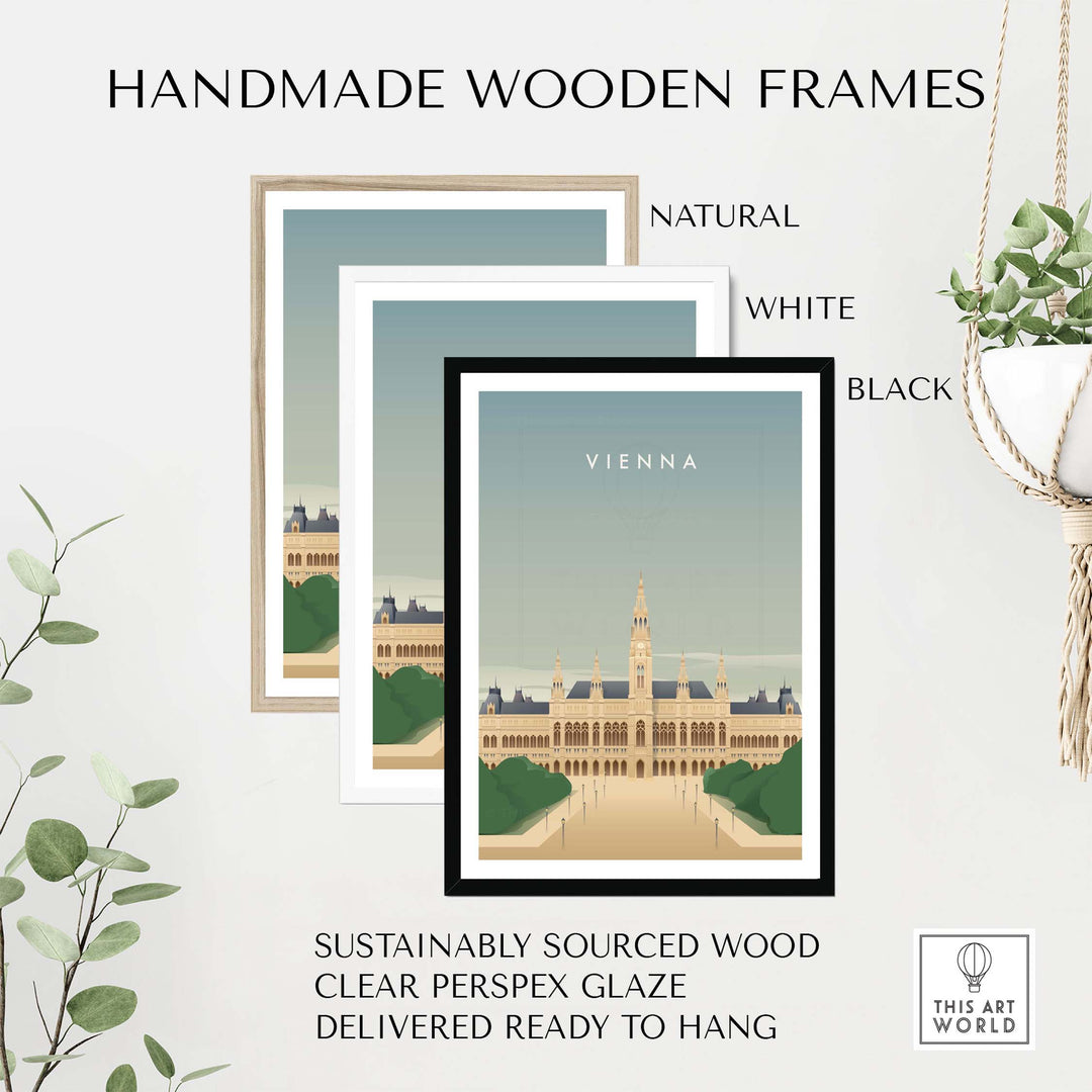 Vienna Wall Art Poster in handmade wooden frames, showcasing natural, white, and black options with clear perspex glaze.