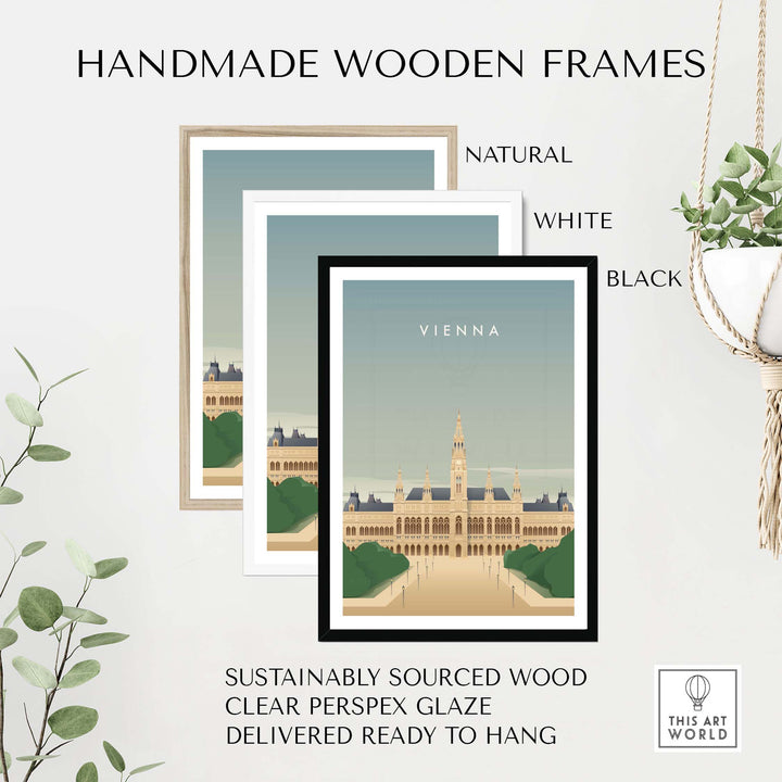 Vienna Wall Art Poster in handmade wooden frames, showcasing natural, white, and black options with clear perspex glaze.