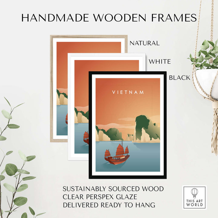 Three handmade wooden frames in natural, white, and black showcasing Vietnam art, sustainably sourced and ready to hang.