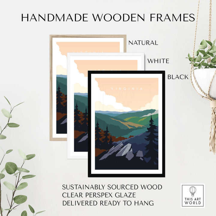 Handmade wooden frames for Virginia travel poster print in natural, white, and black finishes, ready to hang.