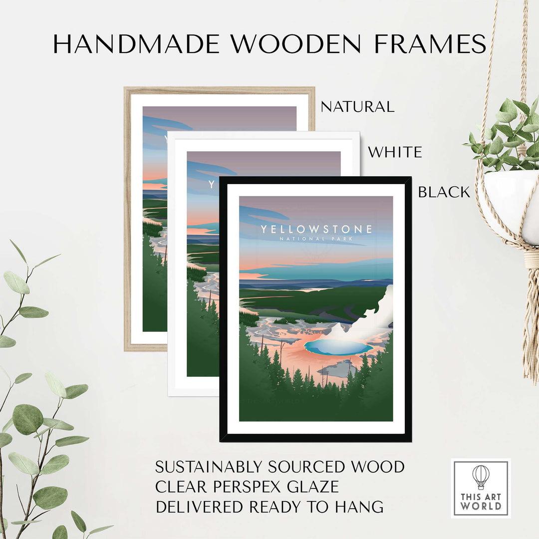 Handmade wooden frames in natural, white, and black for Yellowstone National Park art, sustainably sourced and ready to hang.