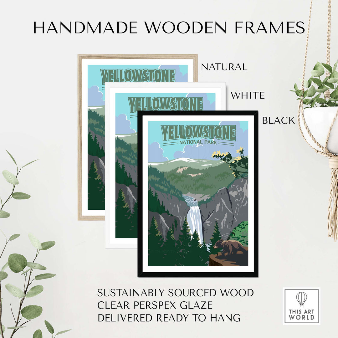 Yellowstone National Park Print framed in natural, white, and black handmade wooden frames.