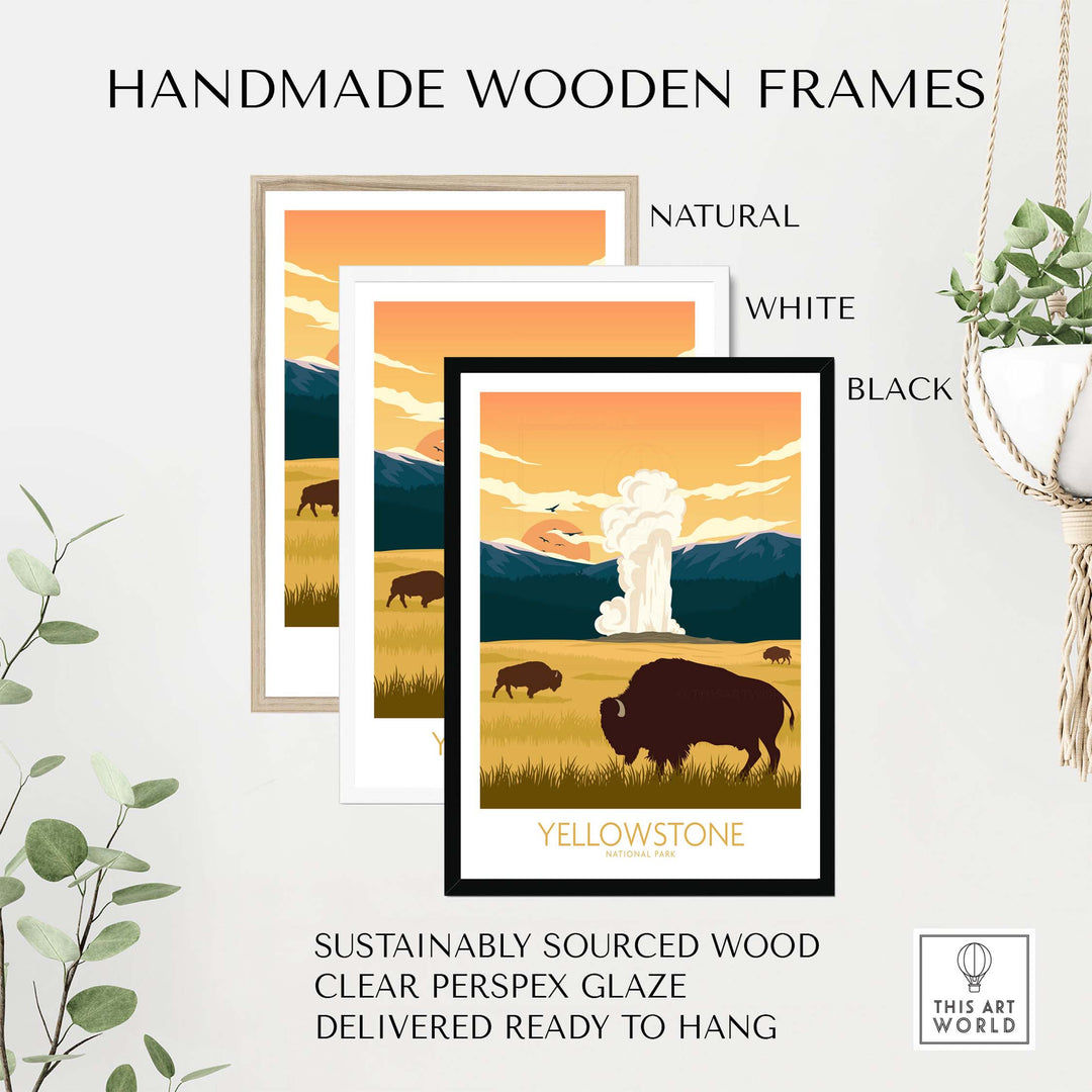 Handmade wooden frames for Yellowstone wall art, available in natural, white, and black, made from sustainably sourced wood.