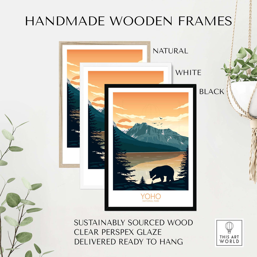 Handmade wooden frames in natural, white, and black for Yoho National Park art print, ready to hang and sustainably sourced.