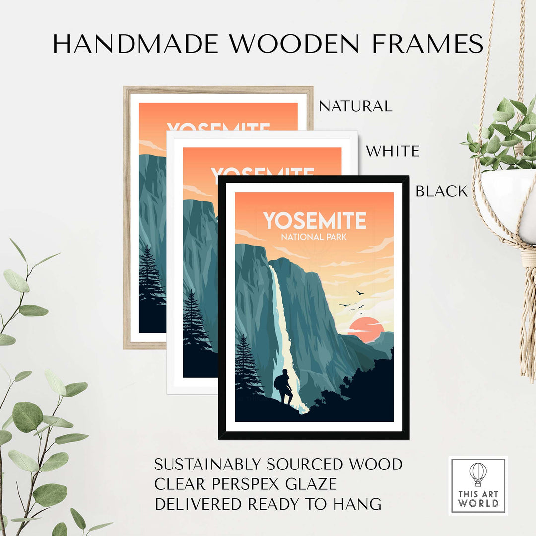 Handmade wooden frames for Yosemite Print featuring natural, white, and black options, made from sustainably sourced wood.