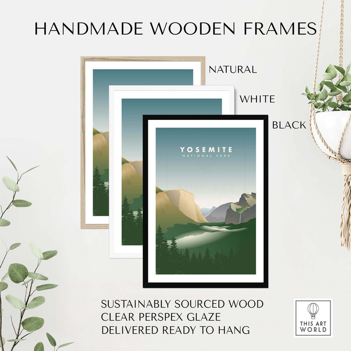 Handmade wooden frames for Yosemite National Park art, featuring natural, white, and black finishes, ready to hang.