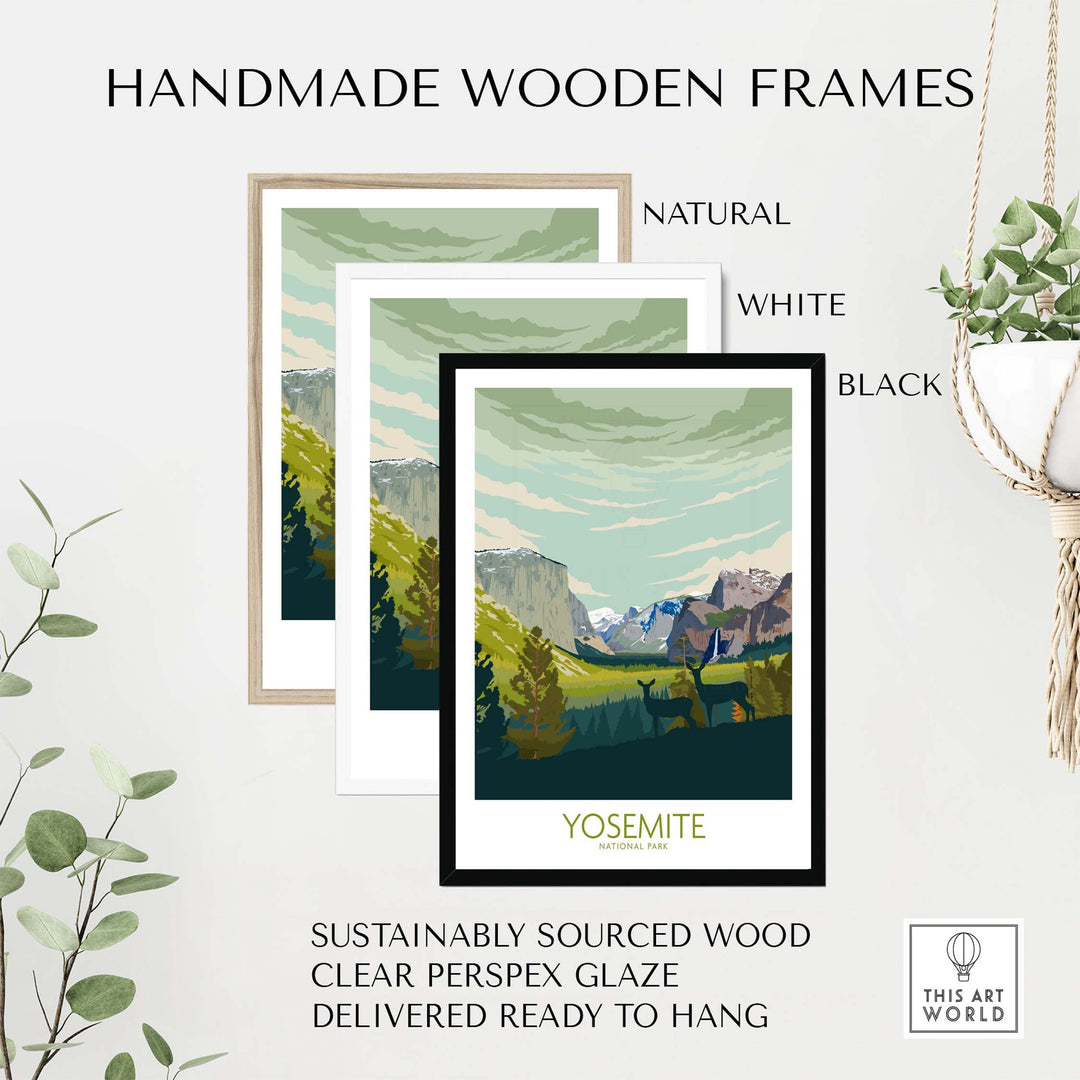 Handmade wooden frames for Yosemite National Park print poster in natural, white, and black options.