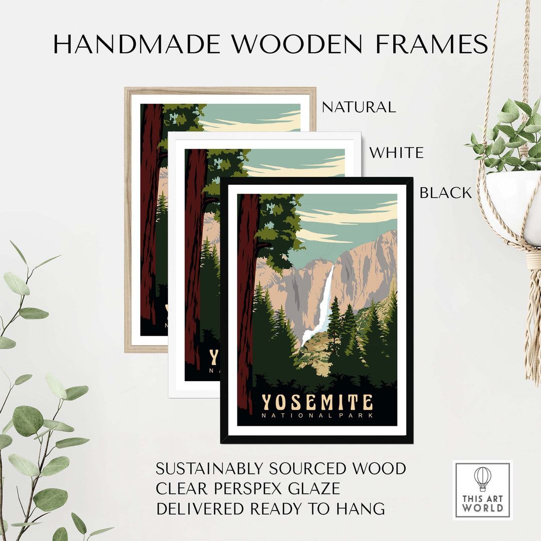 Yosemite National Park print in handmade wooden frames, showcasing vintage design and eco-friendly materials.