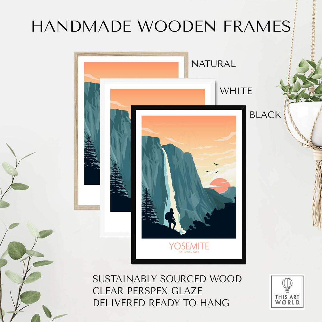 Yosemite National Park art prints framed in natural, white, and black handmade wooden frames with clear glaze.