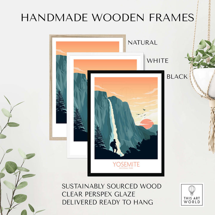 Yosemite National Park art prints framed in natural, white, and black handmade wooden frames with clear glaze.