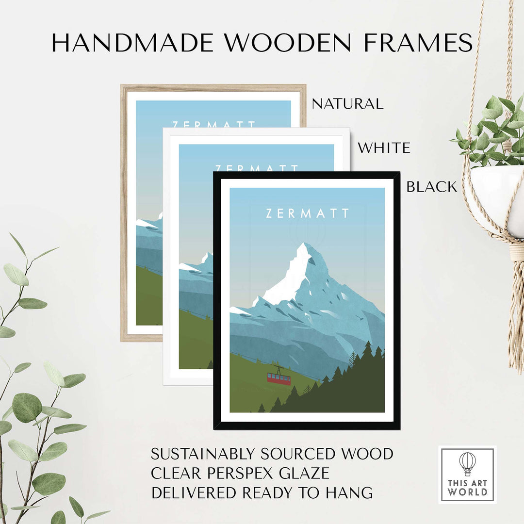 Handmade wooden frames for Zermatt Print Wall Art in natural, white, and black finishes. Sustainably sourced materials.