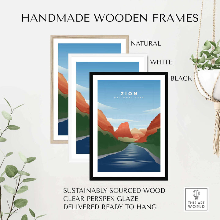 Handmade wooden frames for Zion National Park art prints in natural, white, and black finishes, ready to hang.