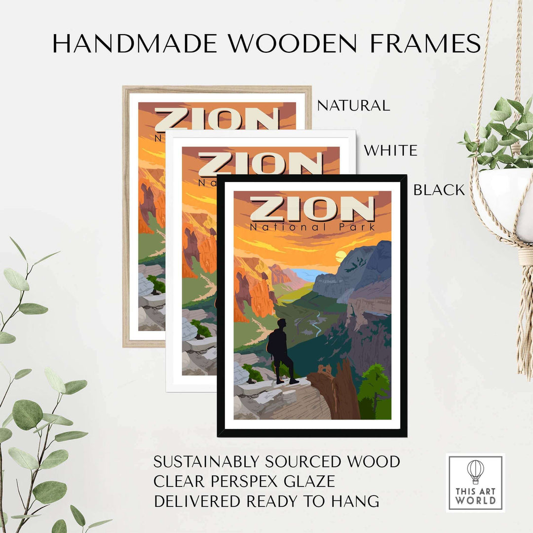 Handmade wooden frames for Zion National Park poster in natural, white, and black colors, sustainably sourced and ready to hang.