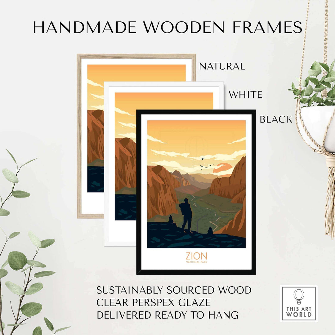 Handmade wooden frames for Zion National Park art print in natural, white, and black finishes.