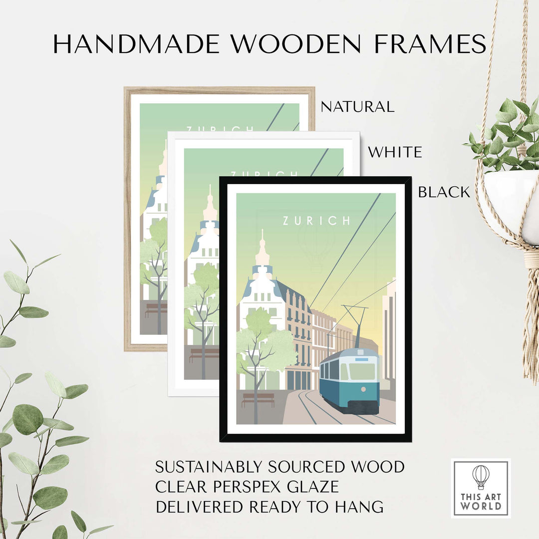Handmade wooden frames in natural, white, and black for Zurich Print Wall Art, sustainably sourced and ready to hang.