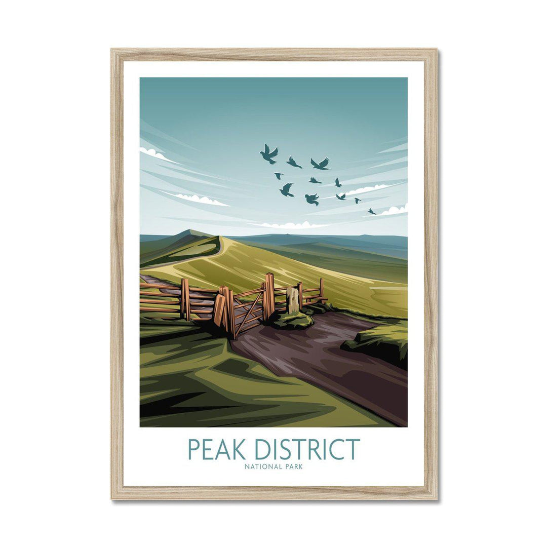 Peak District National Park poster art print featuring a minimalist landscape with a gate and birds in flight.