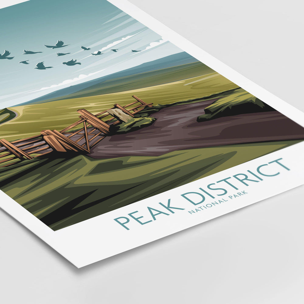 Peak District National Park poster art print showcasing minimalist landscape with birds and a pathway.