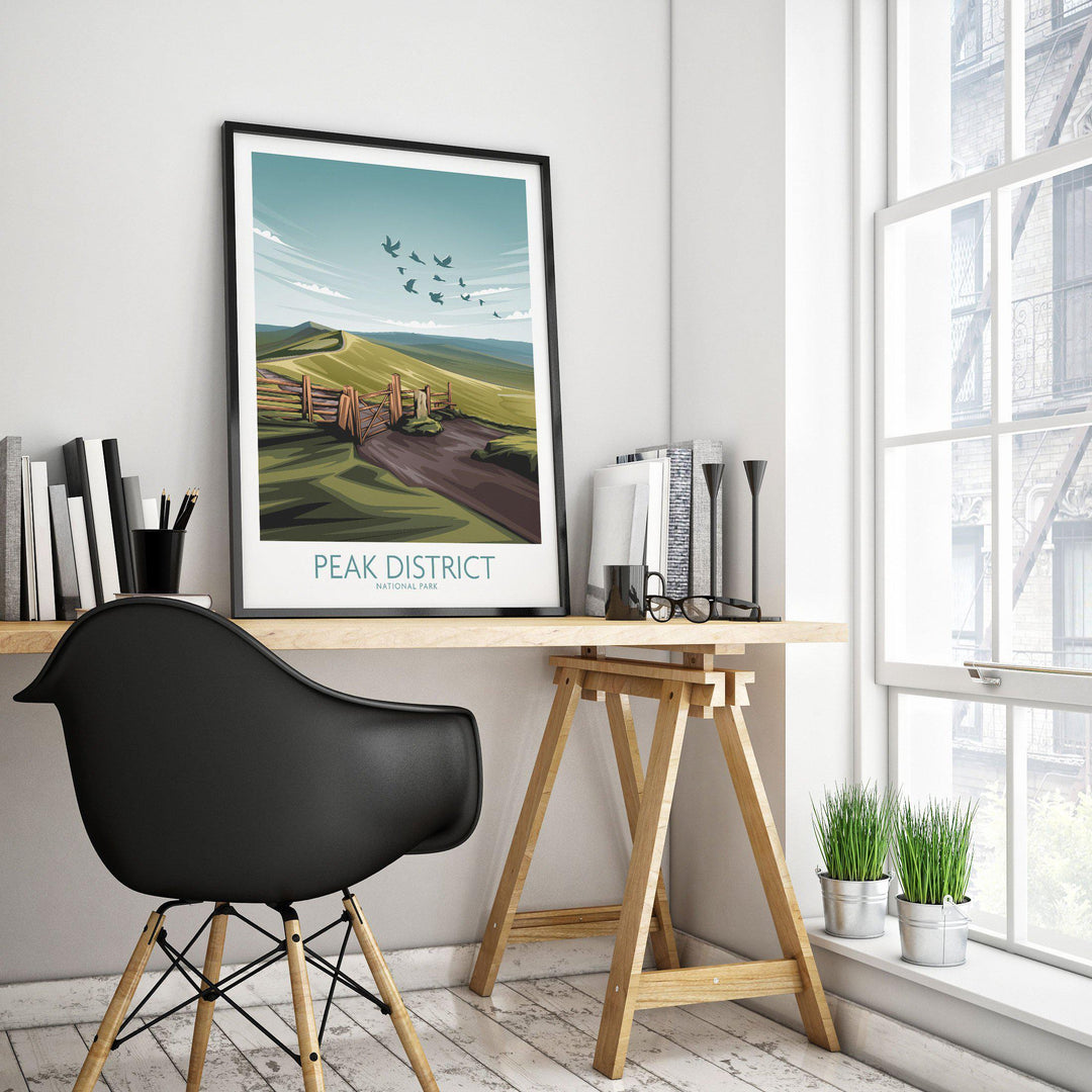 Peak District National Park art print displayed in a modern office setting with a black chair and natural light.