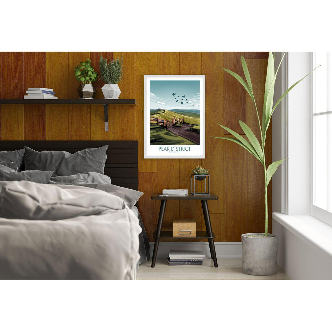 Peak District National Park poster in a cozy bedroom setting with stylish decor and natural light.