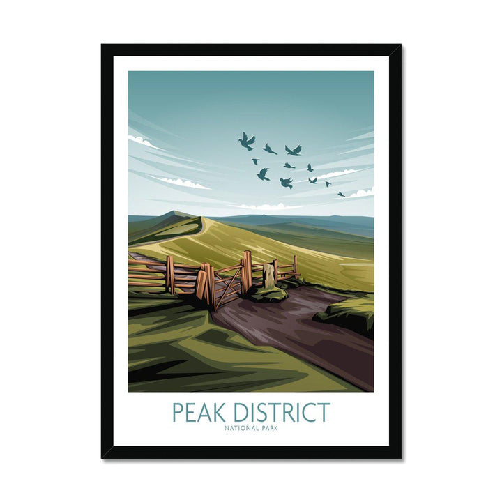 Peak District National Park poster art print featuring minimalist landscape with green hills and birds in the sky.