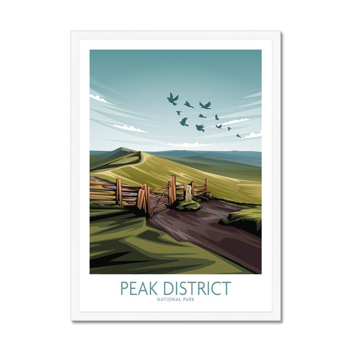 Peak District National Park art print featuring a minimalist landscape with birds and a gate.