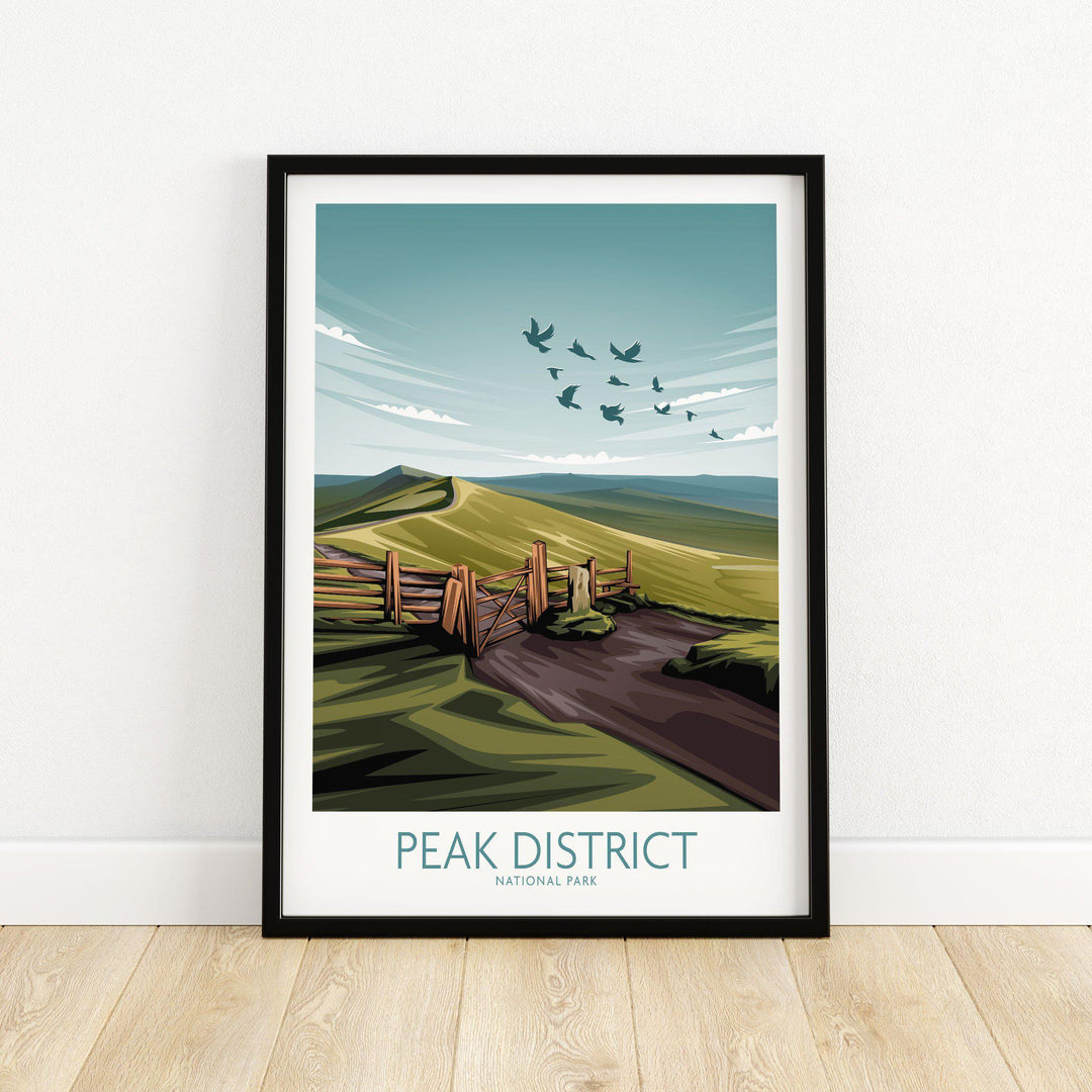 Peak District National Park minimalist poster art print showcasing scenic landscape and flying birds.