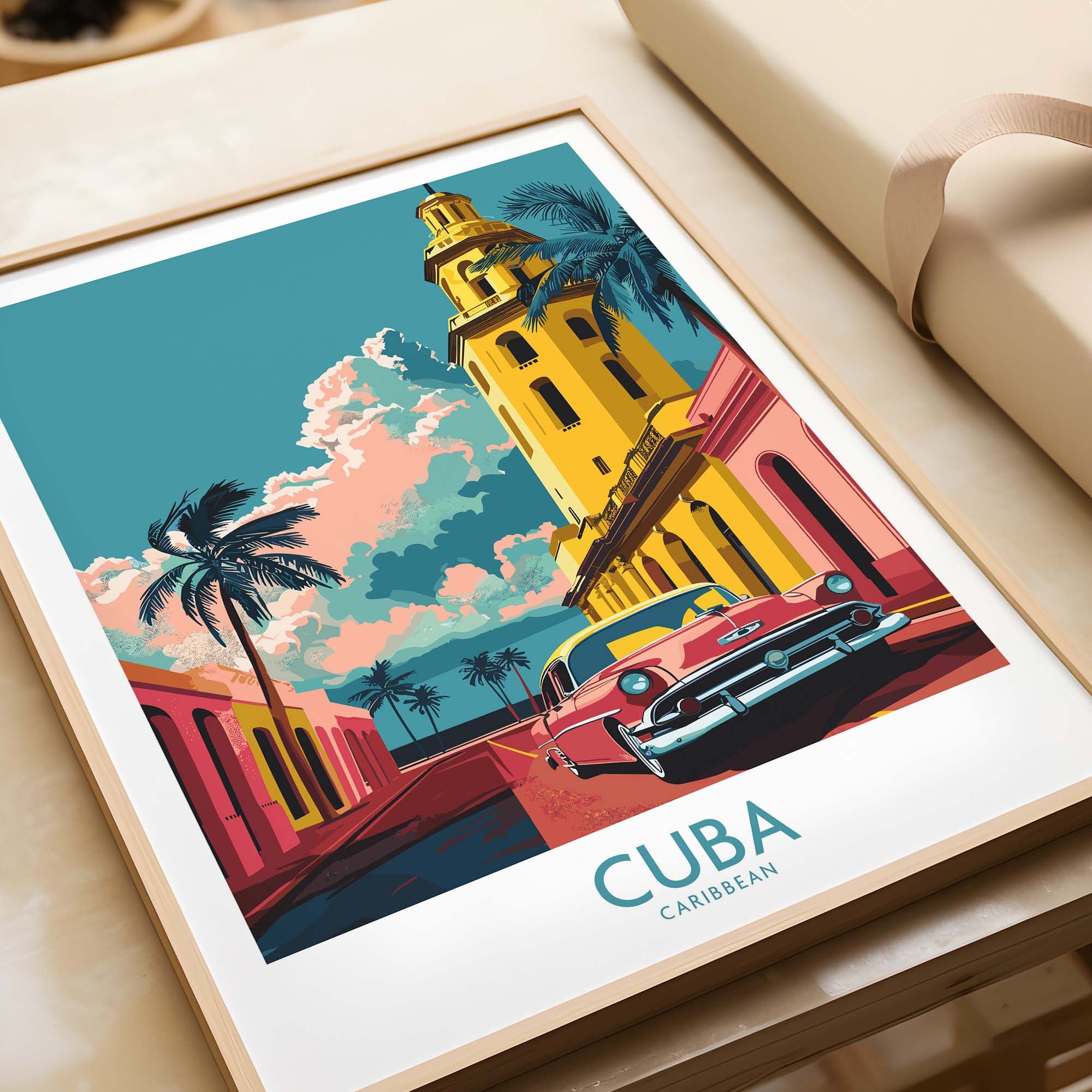 Caribbean Travel Poster - Cuba in vibrant bold colors featuring an old car