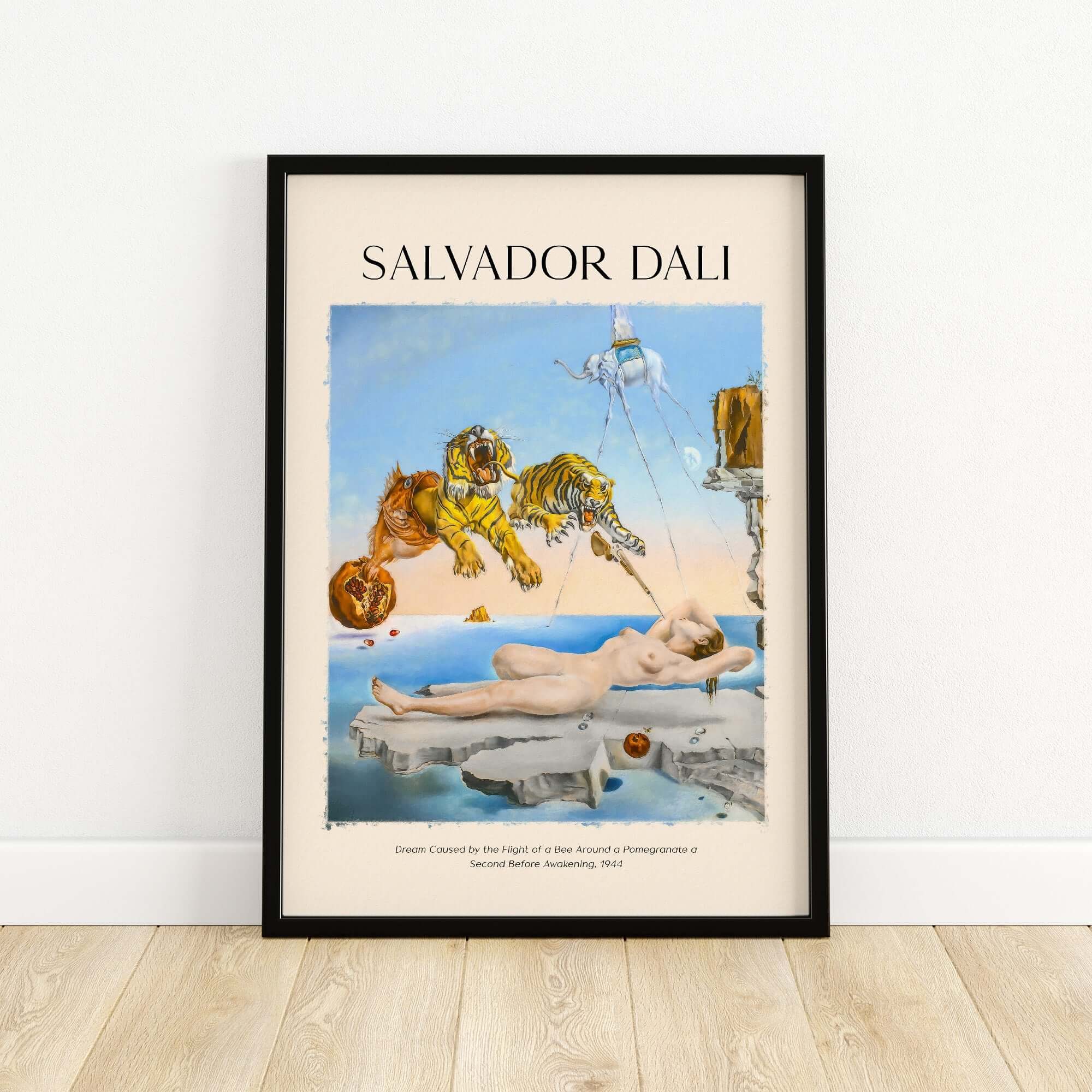 Salvador Dalí art print featuring surreal dreamscapes with tigers and a reclining nude figure.