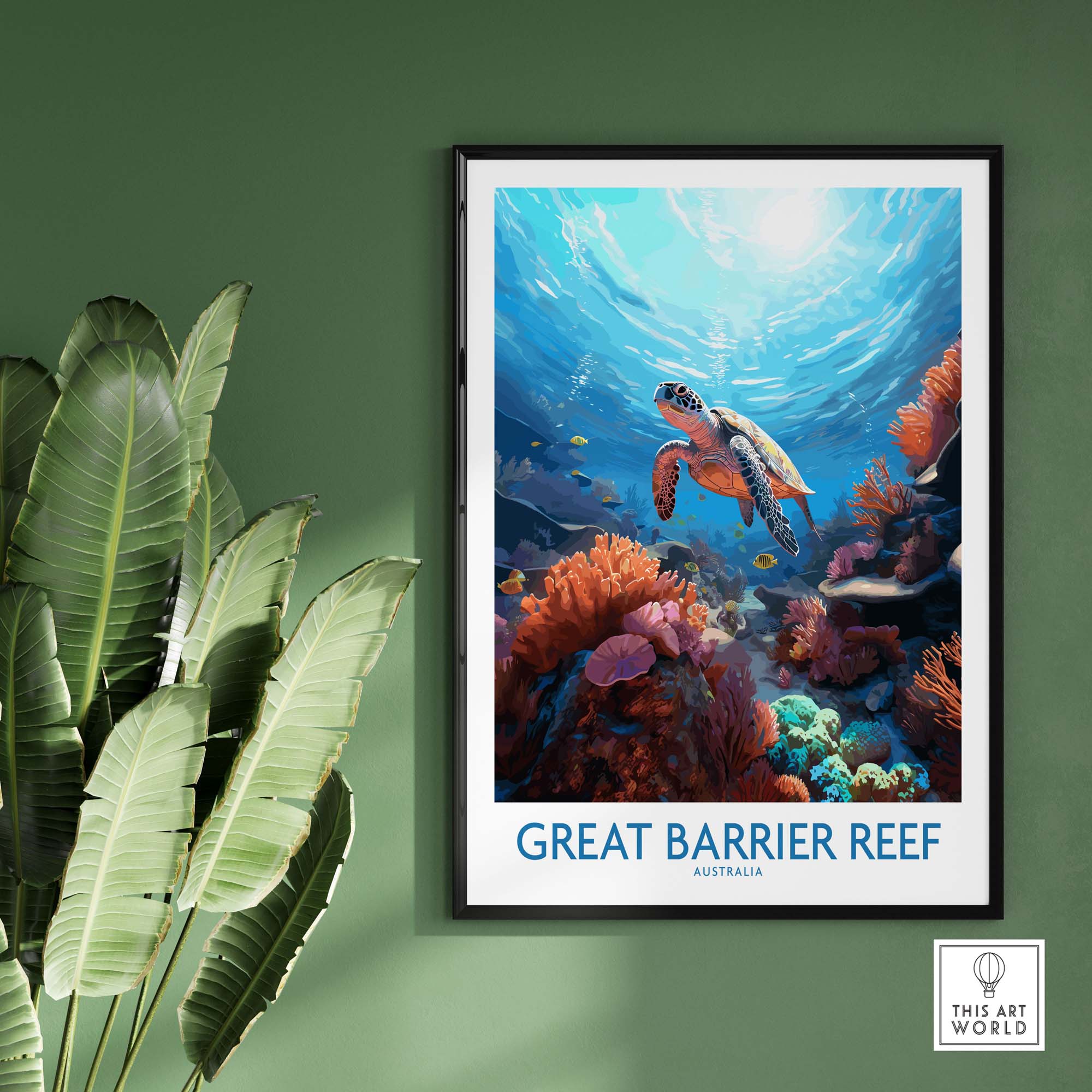 Explore Down Under with our underwater world turtle explorer wall art travel poster for your home decor.