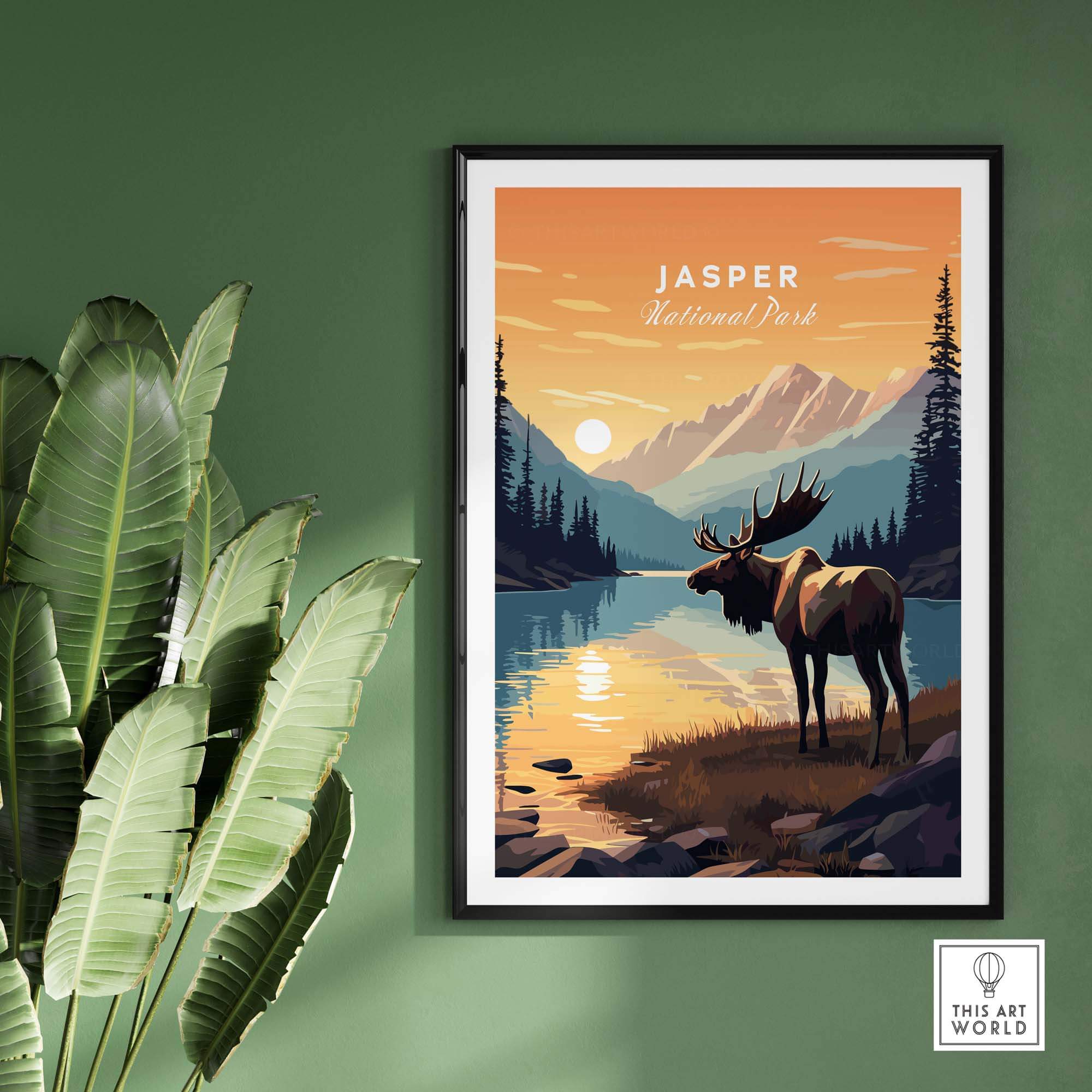 Jasper National Park Print featuring a moose in a black frame on a green well. 