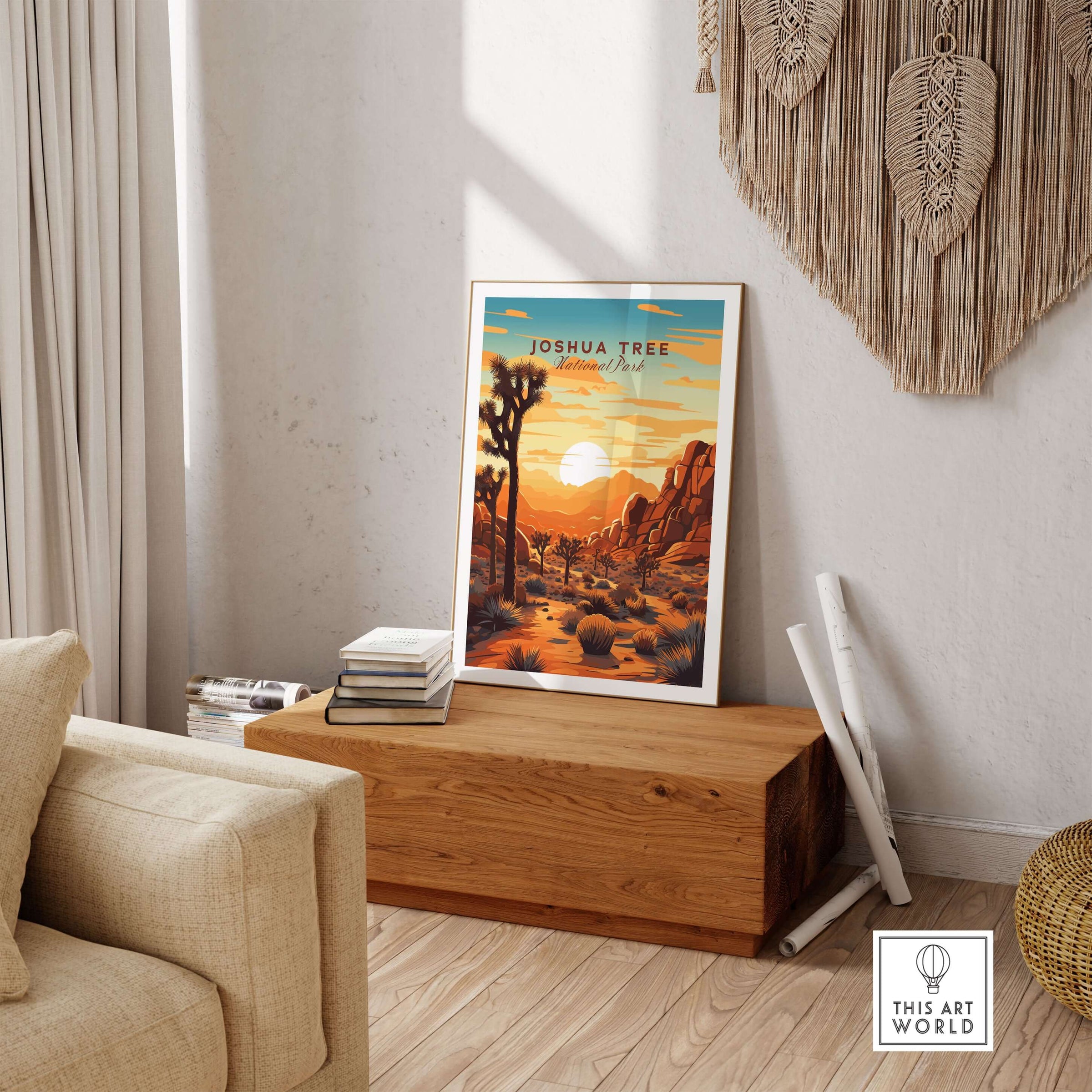 Frame poster of Joshua Tree National Park in California at sunset resting on a living room unit