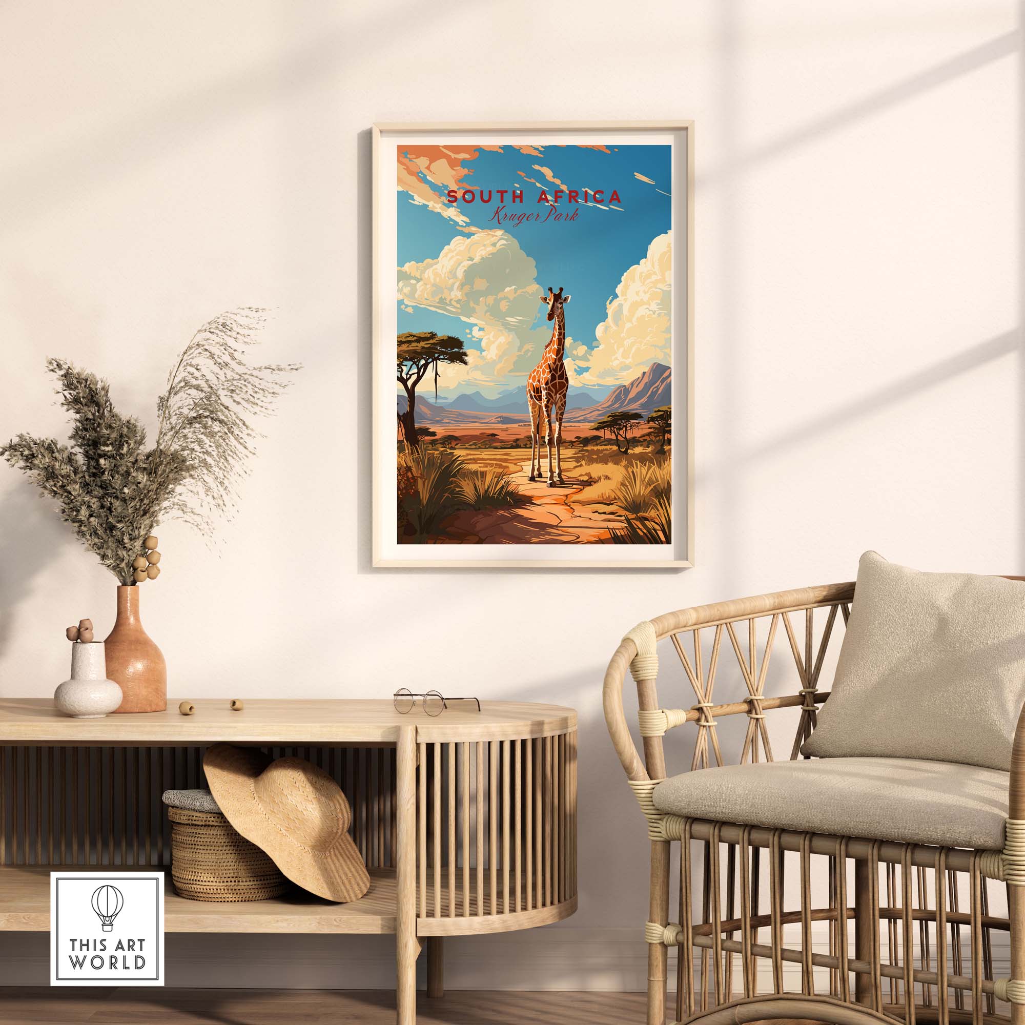 Travel Poster of Africa featuring a giraffe on safari