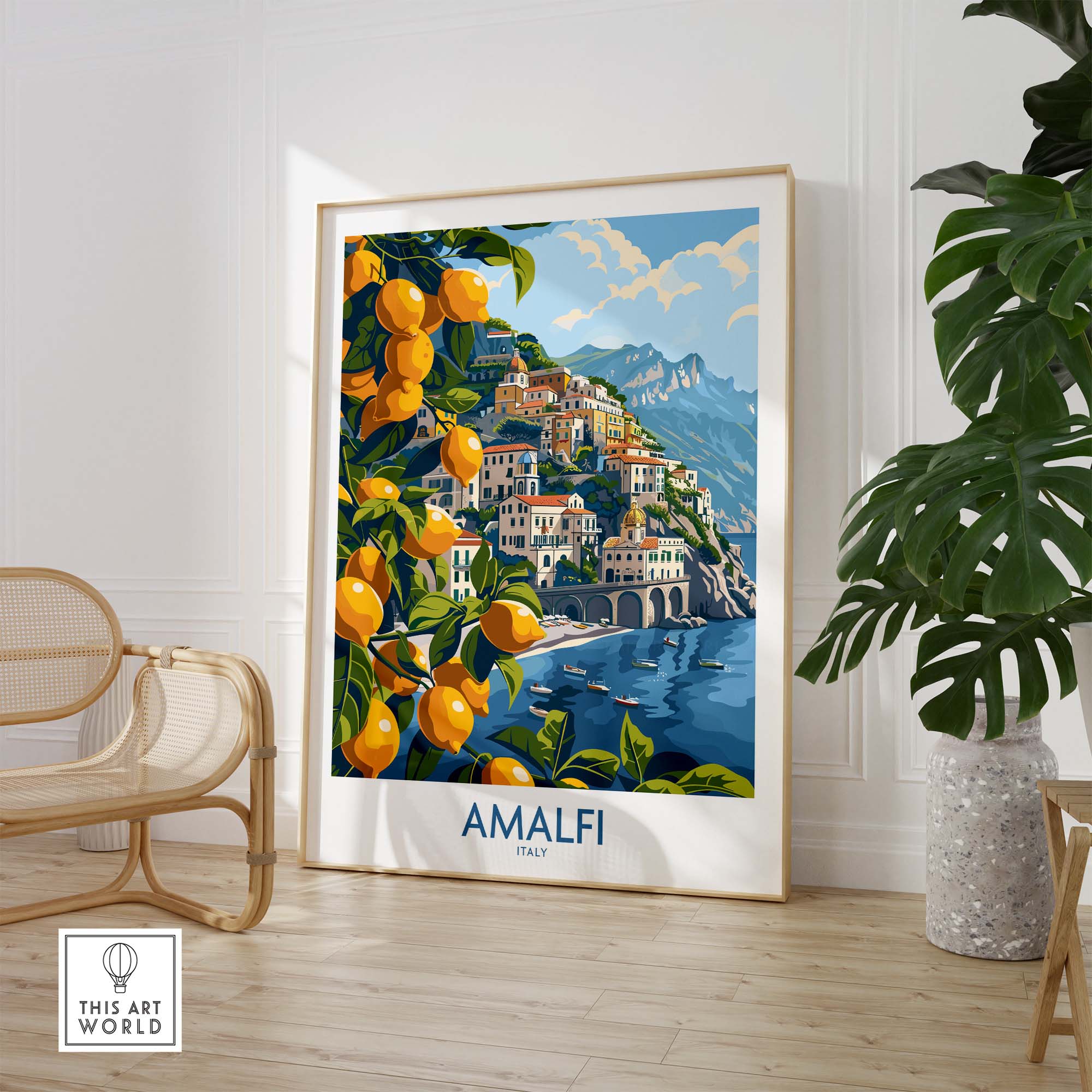 Dramatic views from atop the cliffs of Amalfi featuring their famous and delicious Amalfi lemons in bright, vivid colours.