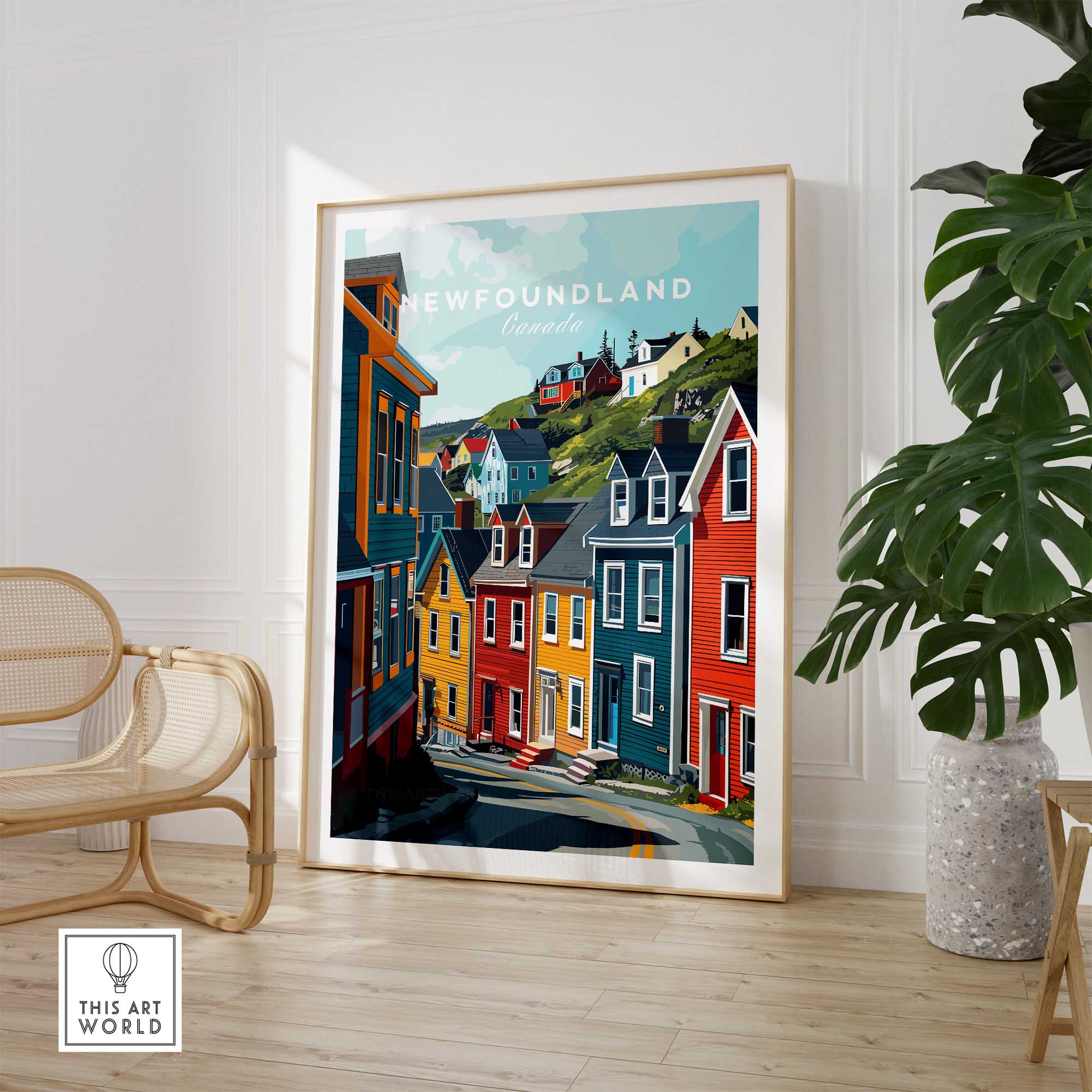 Discover Canada with this vibrant and colourful Newfoundland Travel Poster Print available framed or print-only in various sizes..