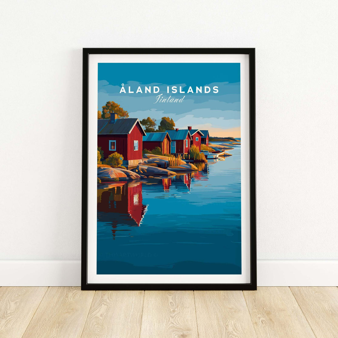 Åland Islands Print | Scandinavian Travel Home Art featuring charming red cabins by the water.