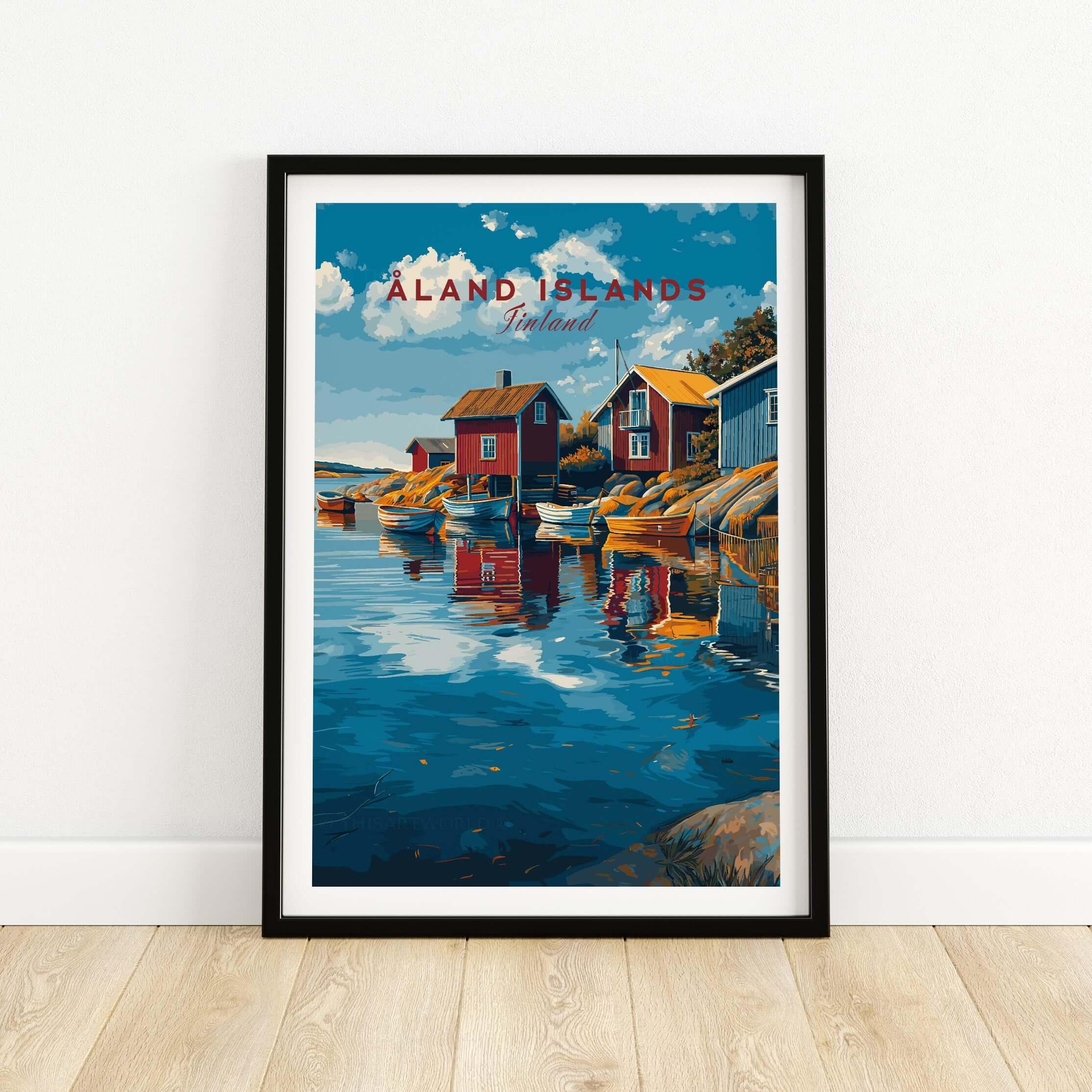 Aland Islands Finland travel poster with colorful boats, red cabins, and scenic water in a black frame