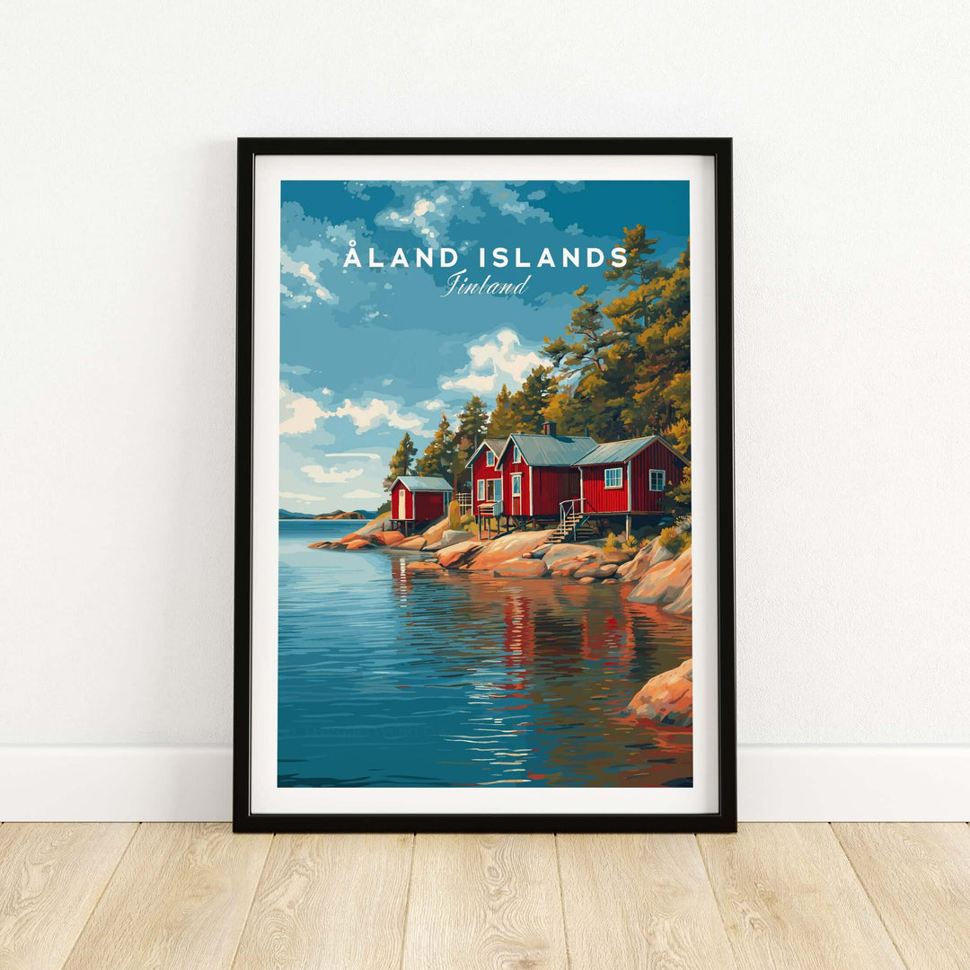 Åland Islands Picturesque Nordic Huts Print | Scandinavian Travel Wall Decor featuring red huts by the water.