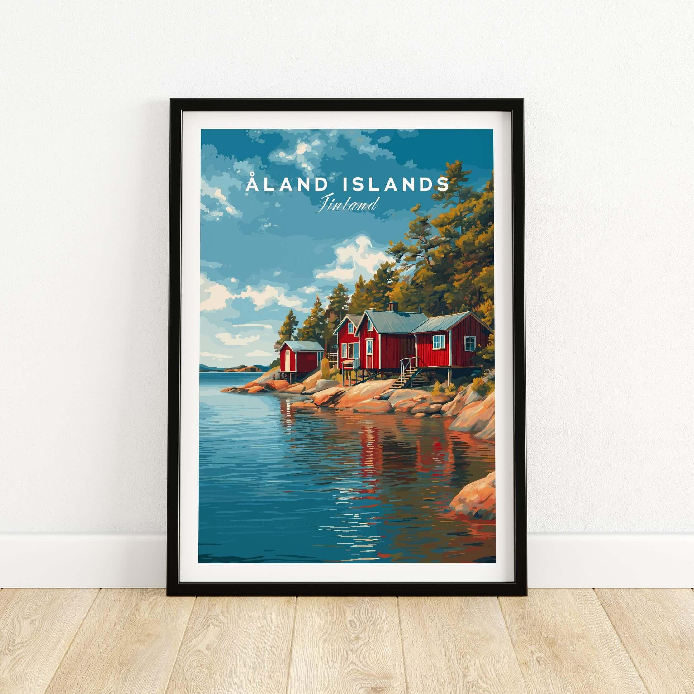 Aland Islands Finland travel poster with red cabins by the sea in a black frame