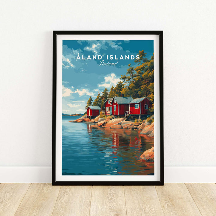Åland Islands Picturesque Nordic Huts Print | Scandinavian Travel Wall Decor featuring red huts by the water.