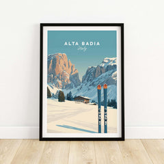 Alta Badia Italy ski resort print showcasing snow-covered mountains and skis in a vibrant alpine setting.