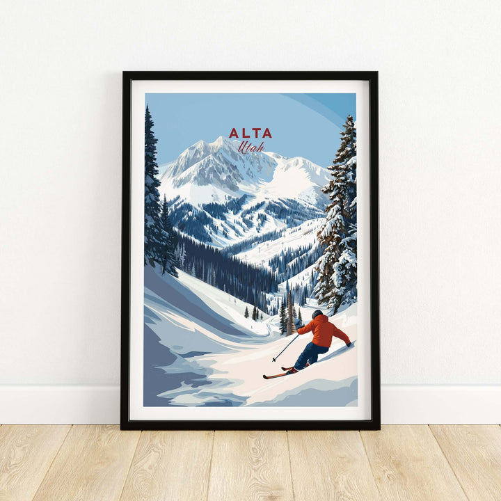 Alta Utah ski poster featuring a skier navigating fresh powder in breathtaking mountain scenery.