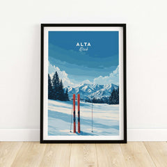 Alta Utah Skis print featuring red skis in snow against a mountain backdrop, perfect wall art for ski lovers.
