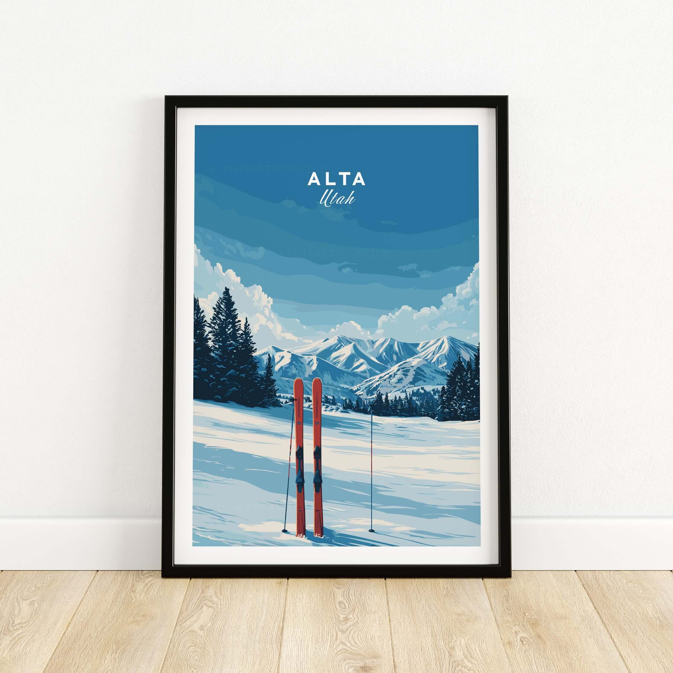 Alta Utah Skis print featuring red skis in snow against a mountain backdrop, perfect wall art for ski lovers.