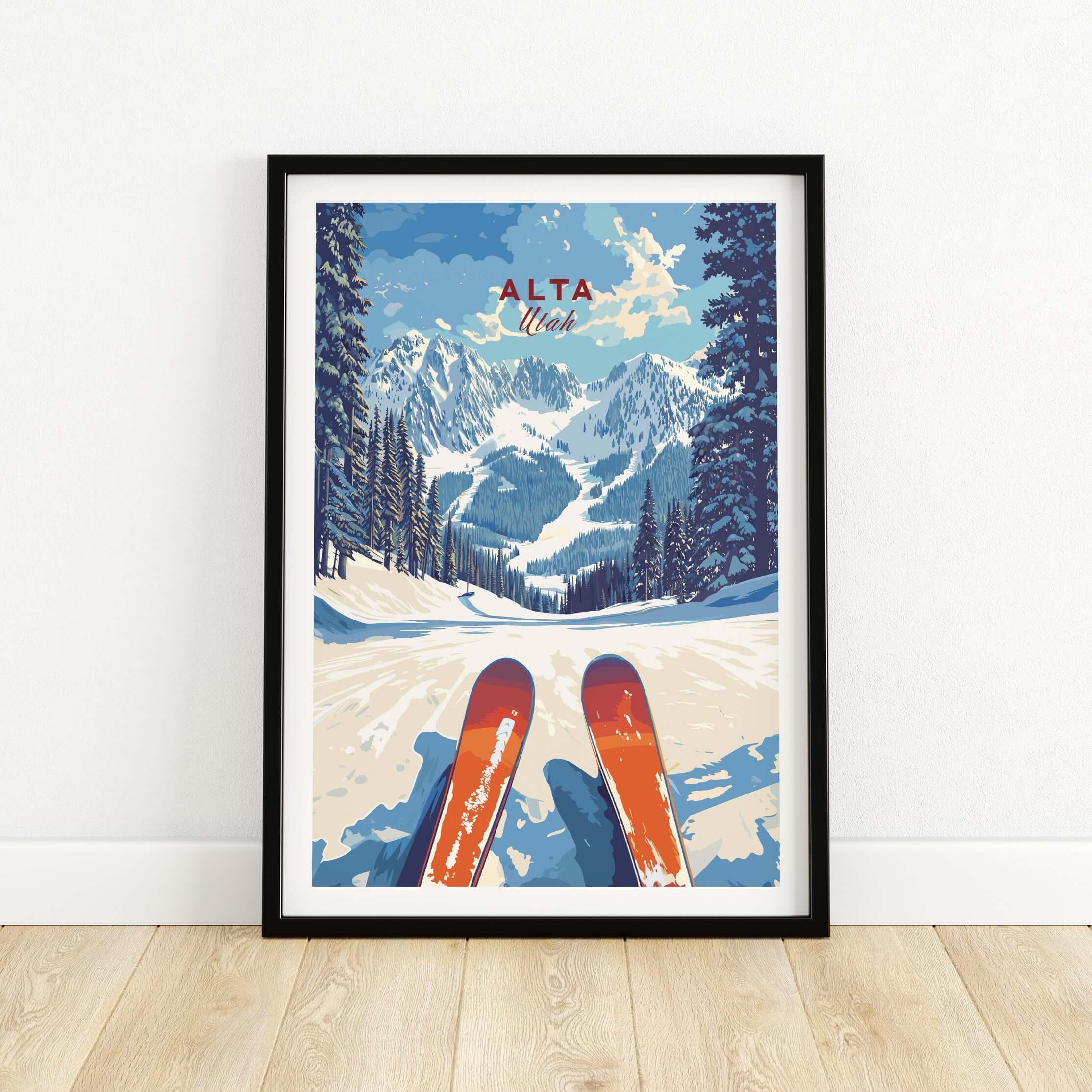 Alta Utah ski print showing a vibrant winter mountain scene with skis in the foreground.