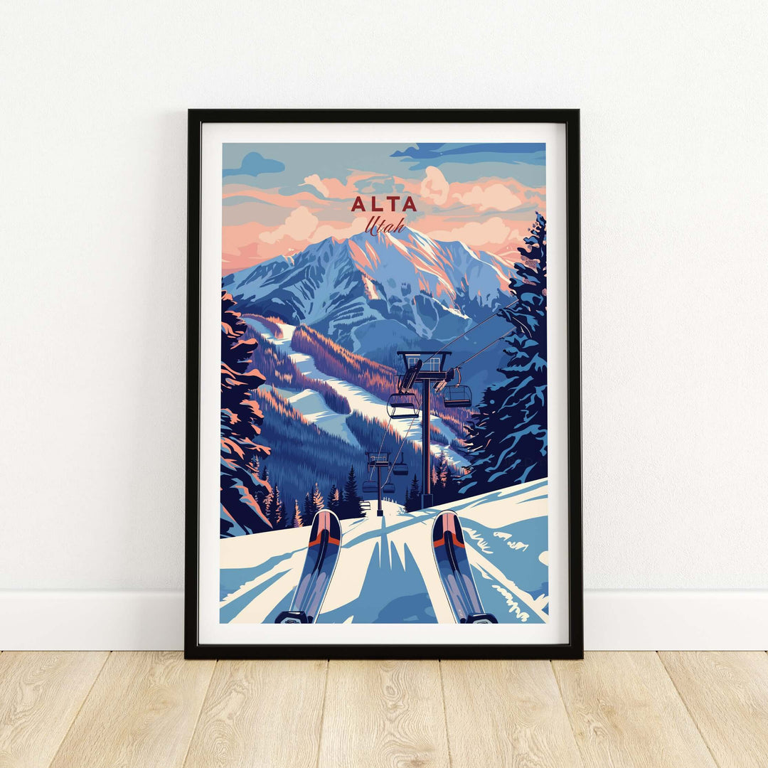 Alta Utah ski lift poster showcasing a sunset over snow-covered mountains and ski tracks.