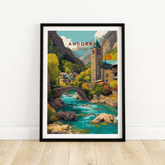 Andorra travel poster in black frame, featuring a scenic mountain village and river artwork