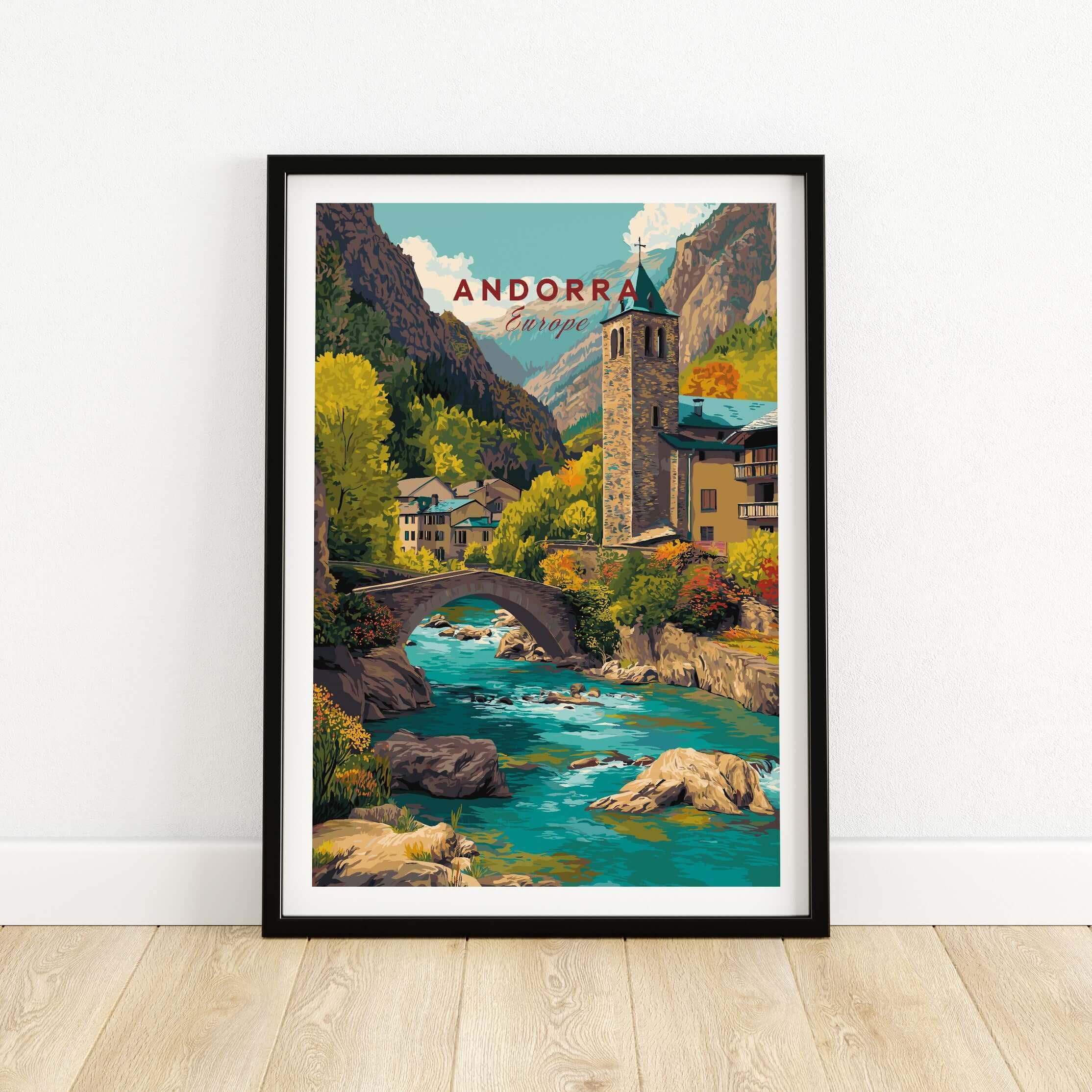 Andorra travel poster in black frame, featuring a scenic mountain village and river artwork