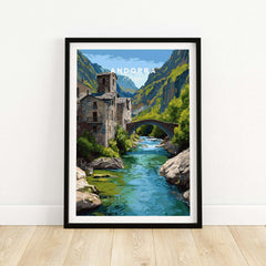 Andorra travel poster art print in black frame, featuring scenic river, stone bridge and mountains