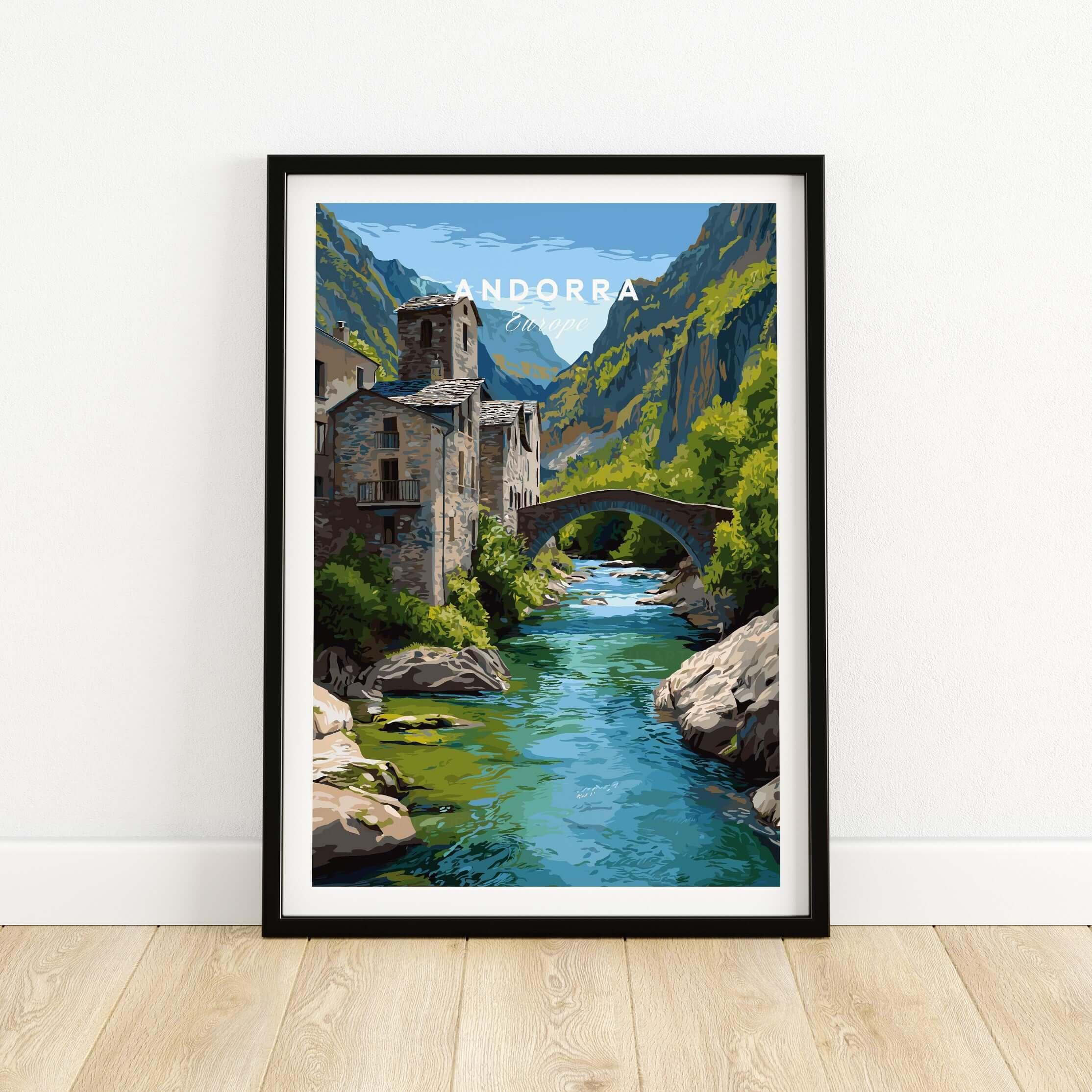 Andorra travel poster art print in black frame, featuring scenic river, stone bridge and mountains